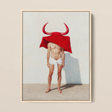 Framed Artwork Muscular Man Red Bull Horns Cloth Gay Matador’s Horny, Essence, Surreal Matador