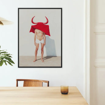 Joysticks - Surreal Gay Matador Art Print / Canvas Framed Artwork Man Red Horns Cloth Draped Head Matador’s Horny, Essence, Prints