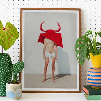 Joysticks - Surreal Gay Matador Art Print / Canvas Framed Man Red Devil Horns Draped Matador’s Horny, Essence, Prints