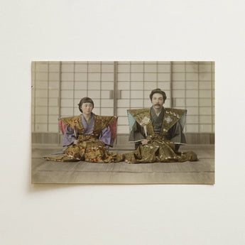 Vintage Sepia-toned Photograph Japanese Couple Traditional Formal Attire Art Print, Gelatin Silver, Adolfo Farsari, Farsari’s Jugglers,