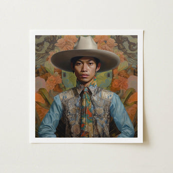Junada - Gaysian Malay Cowboy Art Print / Canvas Framed Portrait Man Wide-brimmed Light Gray Hat Dandy Gay, Elegant Malaysian Outlaw’s,