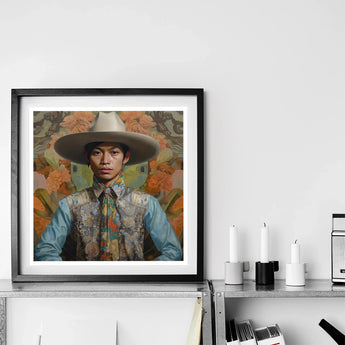 Junada - Gaysian Malay Cowboy Art Print / Canvas Framed Portrait Artwork Wide-brimmed Hat Denim Shirt Floral Dandy Gay, Elegant Malaysian