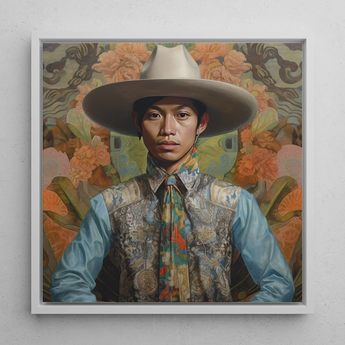 Junada - Gaysian Malay Cowboy Art Print / Canvas Framed Portrait Man Wide-brimmed White Hat Layered Ornate Dandy Gay Cowboy, Elegant