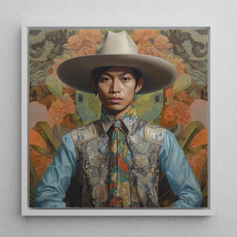 Junada - Gaysian Malay Cowboy Art Print / Canvas Framed Portrait Man Wide-brimmed White Hat Layered Ornate Dandy Gay, Elegant Malaysian