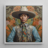 Junada - Gaysian Malay Cowboy Art Print / Canvas Framed Portrait Man Wide-brimmed White Hat Layered Ornate Dandy Gay Cowboy, Elegant