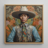 Junada - Gaysian Malay Cowboy Art Print / Canvas Framed Portrait Man Wide-brimmed White Hat Light Blue Dandy Gay Cowboy, Elegant Malaysian