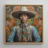 Junada - Gaysian Malay Cowboy Art Print / Canvas Framed Portrait Man Wide-brimmed White Hat Light Blue Dandy Gay, Elegant Malaysian