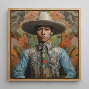 Junada - Gaysian Malay Cowboy Art Print / Canvas Framed Portrait Man Wide-brimmed White Hat Light Blue Dandy Gay, Elegant Malaysian