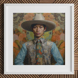 Junada - Gaysian Malay Cowboy Art Print / Canvas Hat Wide Brim Floral Pattern Light Brown Dandy Gay, Elegant Malaysian Outlaw’s, Spirit’s