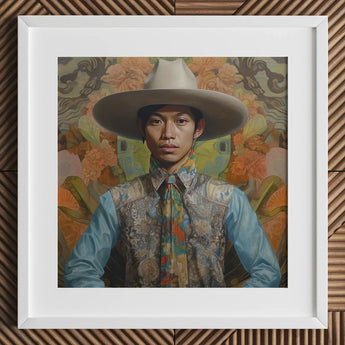 Junada - Gaysian Malay Cowboy Art Print / Canvas Hat Wide Brim Floral Pattern Light Brown Dandy Gay, Elegant Malaysian Outlaw’s, Spirit’s