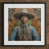 Junada - Gaysian Malay Cowboy Art Print / Canvas Hat Wide Brim Intricate Silver Embroidery Light Dandy Gay, Elegant Malaysian Outlaw’s,