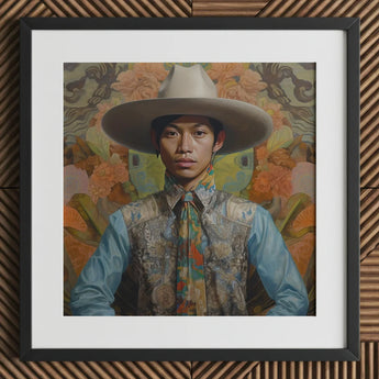 Junada - Gaysian Malay Cowboy Art Print / Canvas Hat Wide Brim Intricate Silver Embroidery Light Dandy Gay, Elegant Malaysian Outlaw’s,