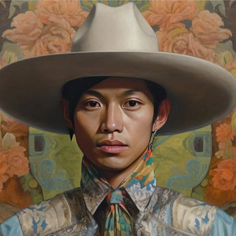 Junada - Gaysian Malay Cowboy Art Print / Canvas Hat Wide Brim Light Gray Color Textured Dandy Gay, Elegant Malaysian Outlaw’s, Spirit’s