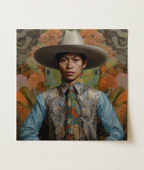 Square Canvas Painting Man Wide-brimmed White Hat Ornate Dandy Gay Cowboy, Elegant Malaysian Outlaw’s, Spirit’s Queer