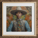 Junada - Gaysian Malay Cowboy Art Print / Canvas Wooden Frame White Mat Floral Wallpaper Background Dandy Gay Cowboy, Elegant Malaysian