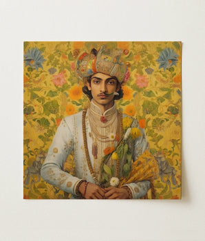 Vibrant Square-framed Portrait Painting Man Ornate Traditional Attire Rajput Prince, Single Jasmine Stem, Blooms, Gay, Art, Print