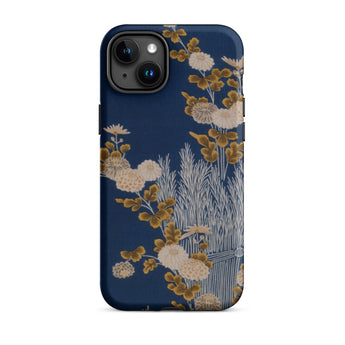 Kimono-Fragment mit Reisigzaun und Chrysanthemen iPhone Case, 15 Plus / Matt, Handyhüllen, Toby Leon