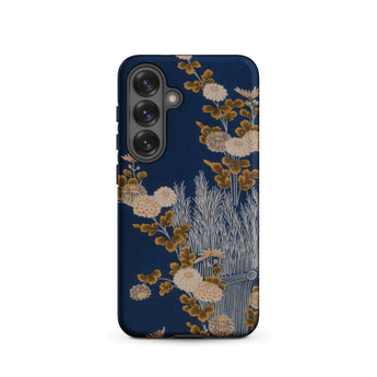 Kimono Fragment with Brushwood Fence and Chrysanthemums Phone Case Samsung Galaxy S25 / Matte Navy Blue Phone Case Adorned Elegant Floral