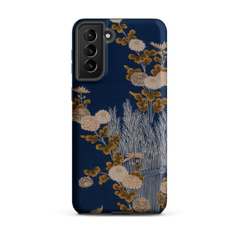Kimono Fragment with Brushwood Fence and Chrysanthemums Phone Case Samsung Galaxy S21 Plus / Matte Navy Blue Phone Case Adorned Elegant