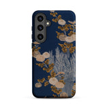 Kimono Fragment with Brushwood Fence and Chrysanthemums Phone Case Samsung Galaxy S24 Plus / Matte Navy Blue Phone Case Adorned Elegant