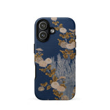 Kimono Fragment with Brushwood Fence and Chrysanthemums Phone Case Iphone 17 / Matte Navy Blue Floral Gold Accents Textured Bloom, Ochre
