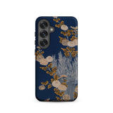Kimono Fragment with Brushwood Fence and Chrysanthemums Phone Case Samsung Galaxy S25 / Matte Navy Blue Adorned Elegant Floral Botanical