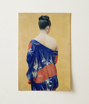 Vibrant Blue Orange Patterned Kimono White Floral Motifs Iris Pattern, Turns, Okada Saburōsuke Makes, Saburosuke Art, Print