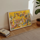 King Dasaratha Proceeds to Rama’s Wedding - Shangri Ramayana Art Print / Canvas Vibrant Yellow Framed Artwork Lively Historical Procession