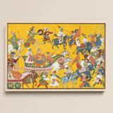 King Dasaratha Proceeds to Rama’s Wedding - Shangri Ramayana Art Print / Canvas Vibrant Yellow-framed Traditional Indian Miniature Painting