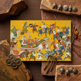 King Dasaratha Proceeds to Rama’s Wedding - Shangri Ramayana Art Print / Canvas Vibrant Yellow Illustrated Print Historical Battle Scene