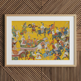 King Dasaratha Proceeds to Rama’s Wedding - Shangri Ramayana Art Print / Canvas Yellow Framed Artwork Colorful Battle Scene Shangri