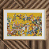 King Dasaratha Proceeds to Rama’s Wedding - Shangri Ramayana Art Print / Canvas Yellow Framed Artwork Colorful Battle Scene, Sinuous Vine