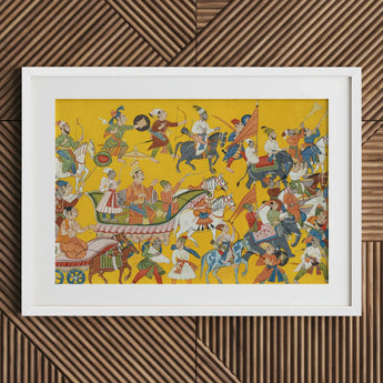 King Dasaratha Proceeds to Rama’s Wedding - Shangri Ramayana Art Print / Canvas Yellow Framed Painting Battle Scene Colorful Figures