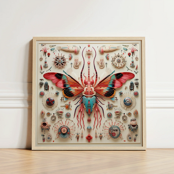 Vibrant Intricately Designed Framed Artwork Central Mechanical Butterfly King Dom Beetle, Alien Species Taxonomy, Xenoentomological Artistry