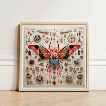Vibrant Intricately Detailed Framed Artwork Central Butterfly Iridescent King Dom Beetle, Alien Species Taxonomy, Xenoentomological Artistry