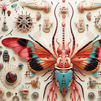King Dom Beetle - Alien Insect Taxonomy Art Print / Canvas Vibrant Intricately Designed Mechanical Insect Sculpture Red Teal King Dom