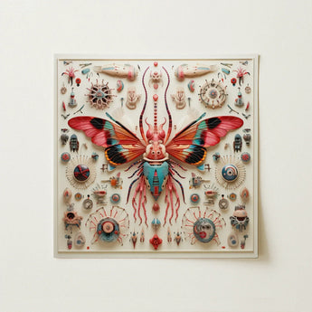 King Dom Beetle - Alien Insect Taxonomy Art Print / Canvas Vibrant Three-dimensional Butterfly Sculpture Pink Teal Wings Accented, Species,