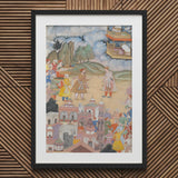King Sal Visits Kala Yavana - Harivamsa Art Print / Canvas Black Framed Watercolor Painting Indian Village Scene Vibrant Strides, Prints