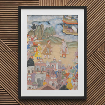 King Sal Visits Kala Yavana - Harivamsa Art Print / Canvas Black Framed Watercolor Painting Indian Village Scene Vibrant Strides, Prints