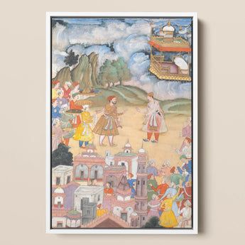 King Sal Visits Kala Yavana - Harivamsa Art Print / Canvas Framed Mughal-era Miniature Painting Vibrant Court Scene Ornate Strides, Prints