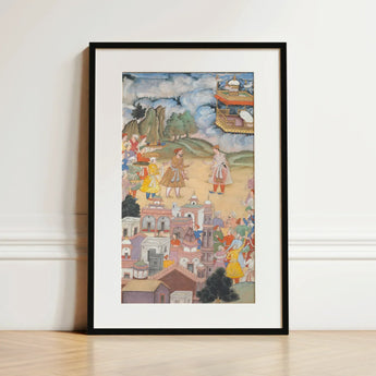 King Sal Visits Kala Yavana - Harivamsa Art Print / Canvas Framed Mughal-style Miniature Painting City Scene Vibrant Colors King Sal