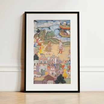 King Sal Visits Kala Yavana - Harivamsa Art Print / Canvas Framed Mughal-style Miniature Painting City Scene Vibrant Colors Strides, Prints