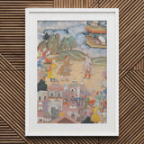 King Sal Visits Kala Yavana - Harivamsa Art Print / Canvas White Framed Painting Colorful Detailed Scene People Buildings Strides, Prints