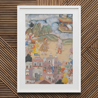 King Sal Visits Kala Yavana - Harivamsa Art Print / Canvas White Framed Painting Colorful Detailed Scene People Buildings Strides, Prints