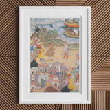 King Sal Visits Kala Yavana - Harivamsa Art Print, Framed Mughal-style Painting