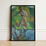 Kneeling Narcissus - Anton Kolig Art Print / Canvas Black-framed Abstract Painting Figure Motion Vibrant Green Blue Kolig’s, Flesh