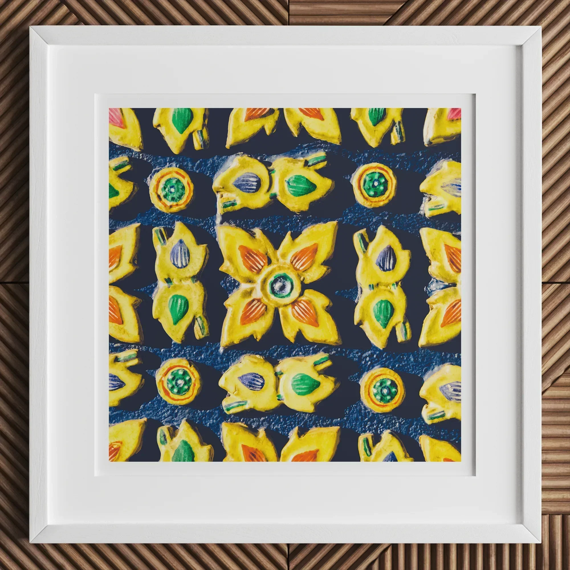 Kosala - Traditional Thailand Mosaic Art Print, 12x12’’ / 31x31cm / White Frame / 2’’ Matboard, Framed Picture Colorful Bas-relief Pattern