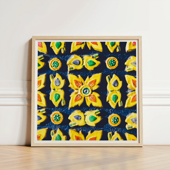 Framed Artwork Vibrant Pattern Yellow Green Floral Motifs Traditional Thailand Mosaic, Art, Thai Heritage