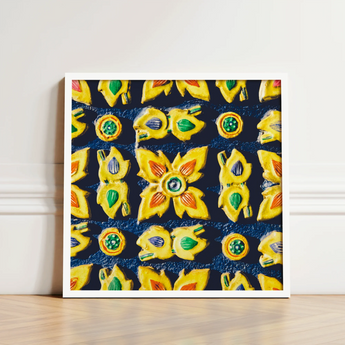 Framed Artwork Vibrant Pattern Yellow Ceramic-like Flowers Circular Traditional Thailand Mosaic, Art, Thai Heritage