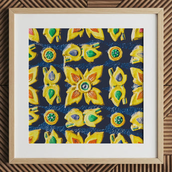 Kosala - Traditional Thailand Mosaic Art Print / Canvas Framed Artwork Pattern Yellow Hand-painted Ceramic-like Flowers Circular, Thai